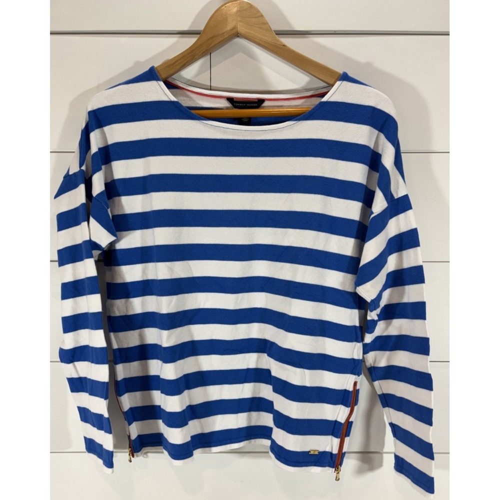 Tommy Hilfiger Women's Blue White Stripe Shirt Zipper Sides Medium
